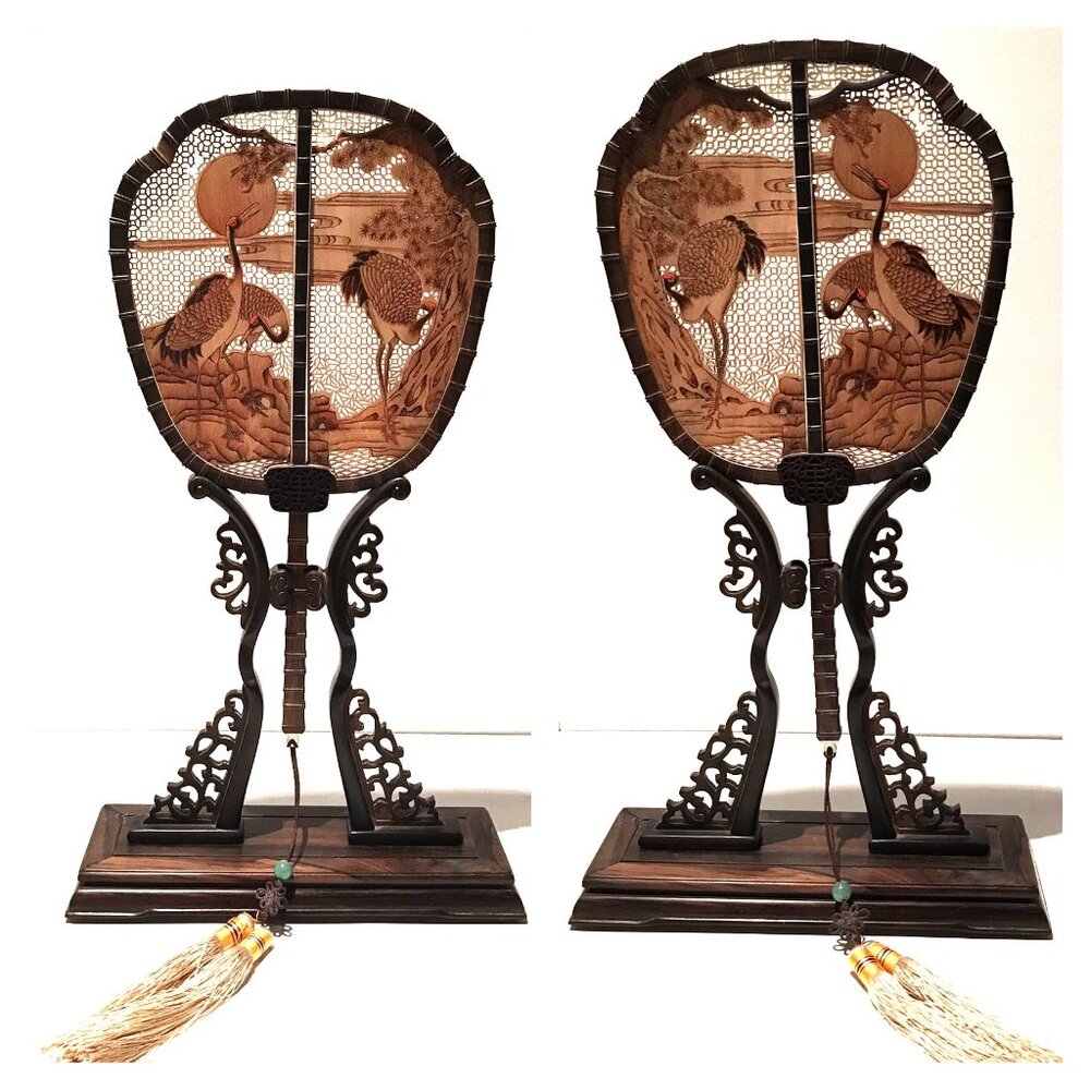 Collectible Chinese Carved Rosewood inlaid Sandalwood Double Sided Palace Fan 紫檀